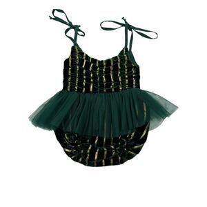 Sadie Then Ty Green Velvet Gold Skirted Romper